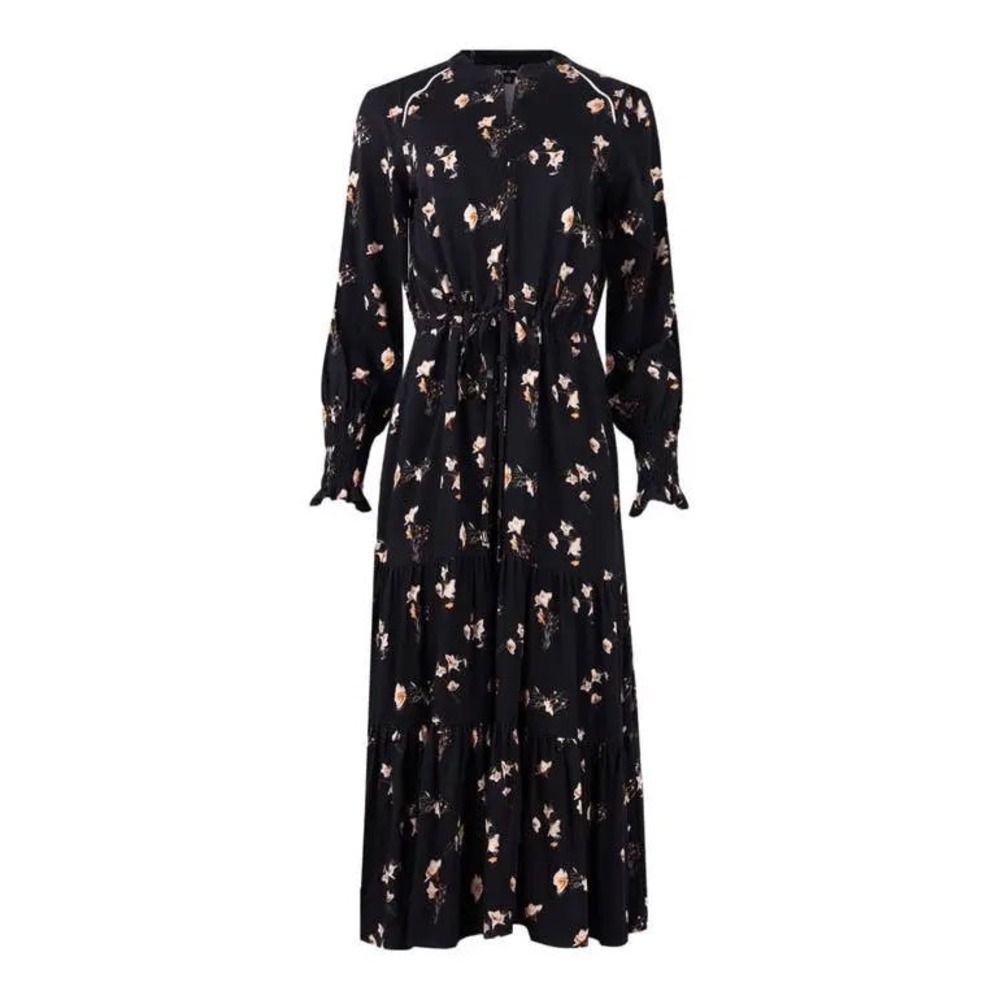Saint + Sofia Black Floral Tiered Midi Dress Long Sleeve Drawstring Waist USA 14